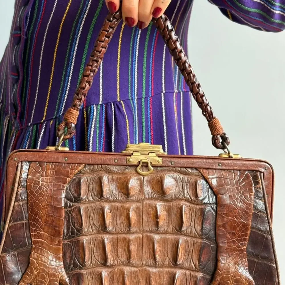 Antique Hornback Alligator Skin Handbag with Taxidermy Paws - Brown